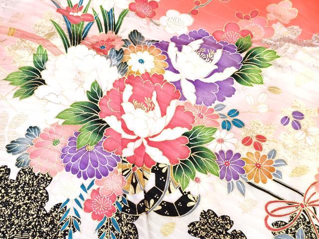 平和屋着物[]七五三　女の子　７歳　祝着　四つ身　長襦袢(無双仕立て・半衿刺繍)セット　花車文　暈し染め　金銀彩　逸品　DABG3374ma