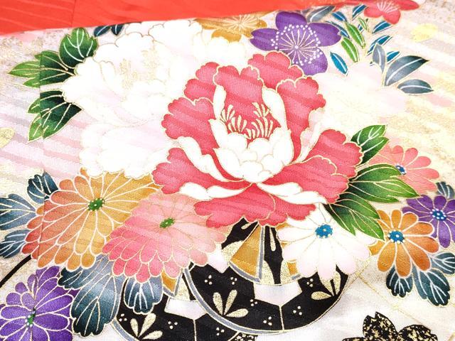 平和屋着物[]七五三　女の子　７歳　祝着　四つ身　長襦袢(無双仕立て・半衿刺繍)セット　花車文　暈し染め　金銀彩　逸品　DABG3374ma