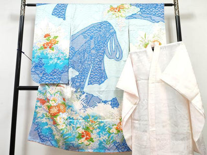 平和屋着物[]七五三　女の子　７歳　祝着　四つ身　長襦袢(無双仕立て)セット　駒刺繍　牡丹花文　暈し染め　金彩　逸品　DABG3375ma