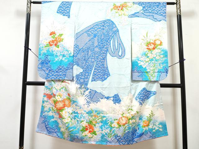 平和屋着物[]七五三　女の子　７歳　祝着　四つ身　長襦袢(無双仕立て)セット　駒刺繍　牡丹花文　暈し染め　金彩　逸品　DABG3375ma