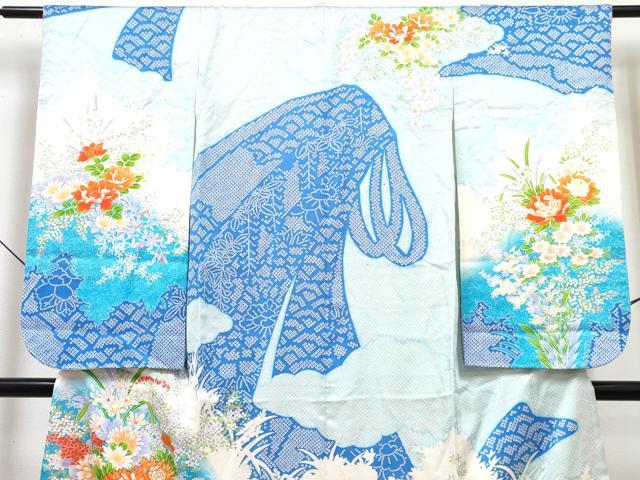 平和屋着物[]七五三　女の子　７歳　祝着　四つ身　長襦袢(無双仕立て)セット　駒刺繍　牡丹花文　暈し染め　金彩　逸品　DABG3375ma
