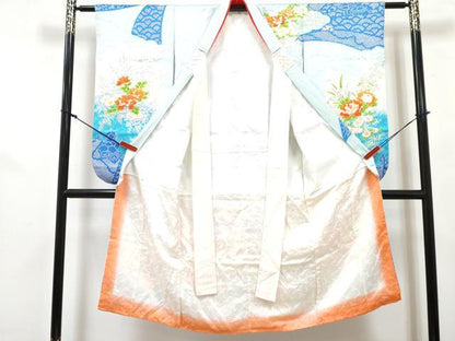 平和屋着物[]七五三　女の子　７歳　祝着　四つ身　長襦袢(無双仕立て)セット　駒刺繍　牡丹花文　暈し染め　金彩　逸品　DABG3375ma
