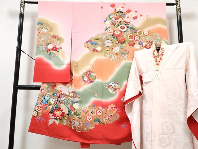 平和屋着物[]七五三　女の子　７歳　祝着　四つ身　長襦袢(袷・半衿刺繍)セット　扇面御所車花鞠文　暈し染め　金銀彩　逸品　DABG3376ma
