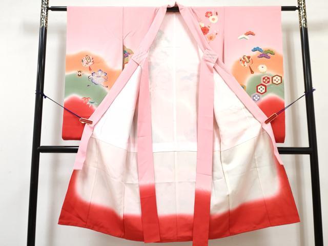 平和屋着物[]七五三　女の子　７歳　祝着　四つ身　長襦袢(袷・半衿刺繍)セット　扇面御所車花鞠文　暈し染め　金銀彩　逸品　DABG3376ma