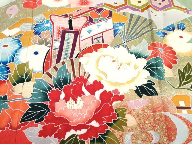 平和屋着物[]七五三　女の子　７歳　祝着　四つ身　長襦袢(袷・半衿刺繍)セット　扇面御所車花鞠文　暈し染め　金銀彩　逸品　DABG3376ma