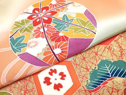 平和屋着物[]七五三　女の子　７歳　祝着　四つ身　長襦袢(袷・半衿刺繍)セット　扇面御所車花鞠文　暈し染め　金銀彩　逸品　DABG3376ma