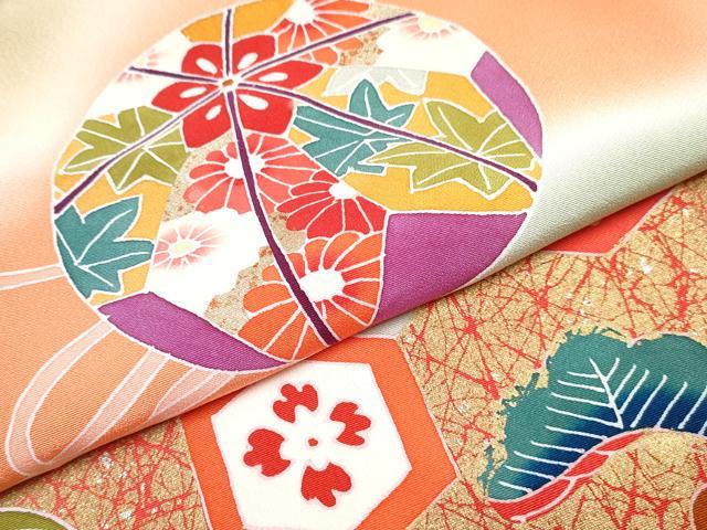 平和屋着物[]七五三　女の子　７歳　祝着　四つ身　長襦袢(袷・半衿刺繍)セット　扇面御所車花鞠文　暈し染め　金銀彩　逸品　DABG3376ma