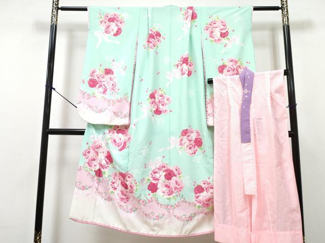 平和屋着物[]七五三　mezzo piano　メゾピアノ　女の子　７歳　祝着　四つ身　襦袢セット　薔薇　暈し染め　金彩　洗える着物　DABG3380ma