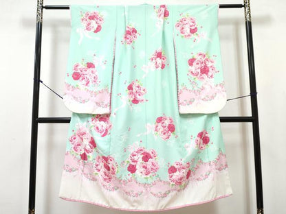 平和屋着物[]七五三　mezzo piano　メゾピアノ　女の子　７歳　祝着　四つ身　襦袢セット　薔薇　暈し染め　金彩　洗える着物　DABG3380ma