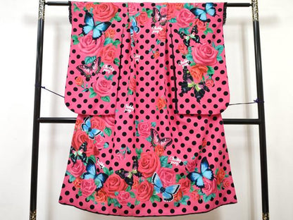平和屋着物[]七五三　CHUBBYGANG　女の子　７歳　祝着　四つ身　襦袢(単衣)セット　花蝶文　ラインストーン　洗える着物　DABG3383ma