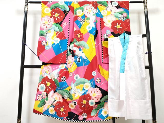平和屋着物[]七五三　女の子　７歳　祝着　四つ身　襦袢(単衣)セット　椿　飛鶴花松文　金彩　洗える着物　DABG3385ma