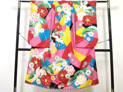 平和屋着物[]七五三　女の子　７歳　祝着　四つ身　襦袢(単衣)セット　椿　飛鶴花松文　金彩　洗える着物　DABG3385ma