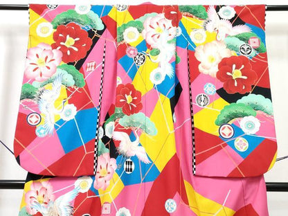 平和屋着物[]七五三　女の子　７歳　祝着　四つ身　襦袢(単衣)セット　椿　飛鶴花松文　金彩　洗える着物　DABG3385ma