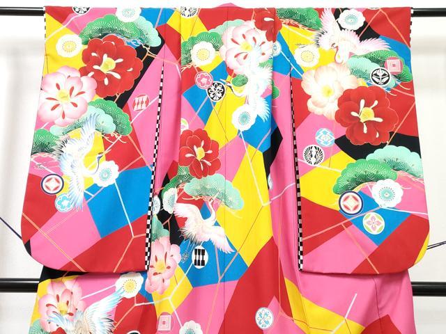 平和屋着物[]七五三　女の子　７歳　祝着　四つ身　襦袢(単衣)セット　椿　飛鶴花松文　金彩　洗える着物　DABG3385ma