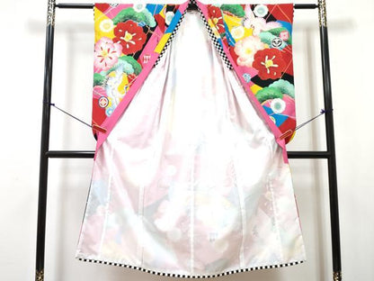 平和屋着物[]七五三　女の子　７歳　祝着　四つ身　襦袢(単衣)セット　椿　飛鶴花松文　金彩　洗える着物　DABG3385ma