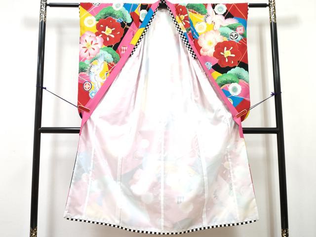 平和屋着物[]七五三　女の子　７歳　祝着　四つ身　襦袢(単衣)セット　椿　飛鶴花松文　金彩　洗える着物　DABG3385ma