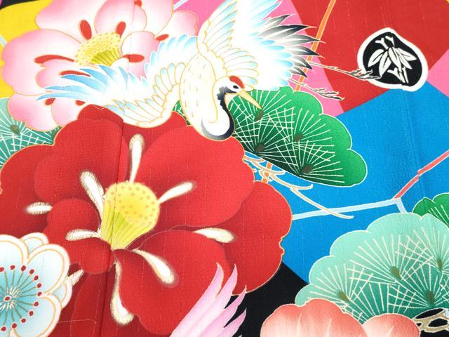 平和屋着物[]七五三　女の子　７歳　祝着　四つ身　襦袢(単衣)セット　椿　飛鶴花松文　金彩　洗える着物　DABG3385ma