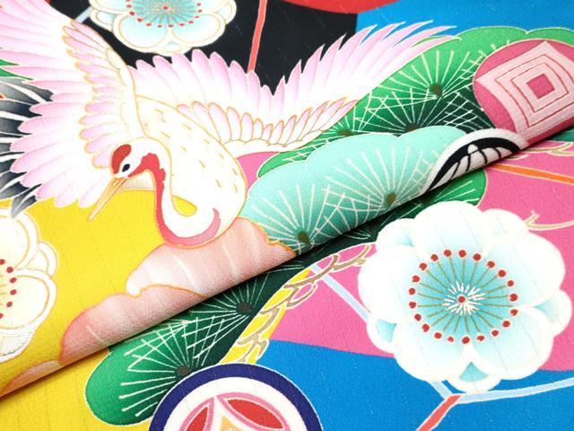 平和屋着物[]七五三　女の子　７歳　祝着　四つ身　襦袢(単衣)セット　椿　飛鶴花松文　金彩　洗える着物　DABG3385ma