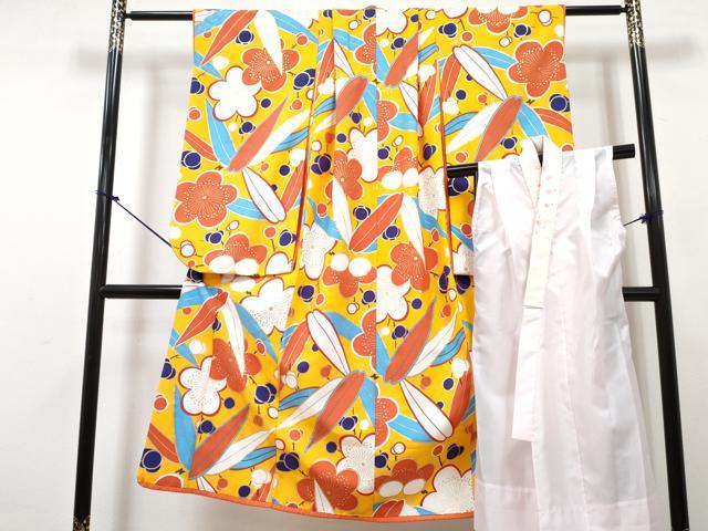 平和屋着物[]七五三　女の子　７歳　祝着　四つ身　襦袢(単衣・半衿刺繍)セット　笹竹梅文　金彩　洗える着物　DABG3386ma