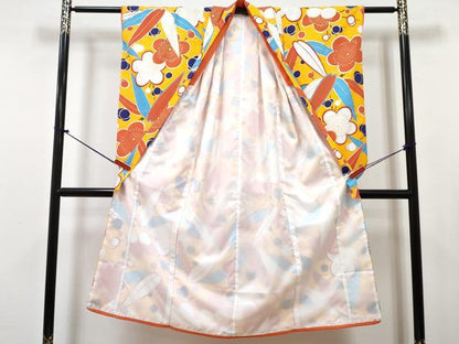 平和屋着物[]七五三　女の子　７歳　祝着　四つ身　襦袢(単衣・半衿刺繍)セット　笹竹梅文　金彩　洗える着物　DABG3386ma