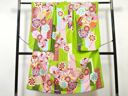 平和屋着物[]七五三　女の子　７歳　祝着　四つ身　襦袢(単衣)セット　檜扇飛鶴花文　金彩　洗える着物　DABG3387ma