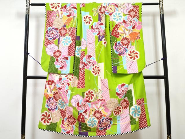 平和屋着物[]七五三　女の子　７歳　祝着　四つ身　襦袢(単衣)セット　檜扇飛鶴花文　金彩　洗える着物　DABG3387ma