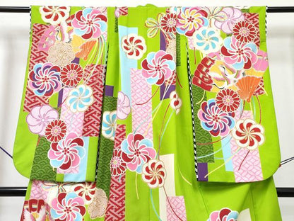 平和屋着物[]七五三　女の子　７歳　祝着　四つ身　襦袢(単衣)セット　檜扇飛鶴花文　金彩　洗える着物　DABG3387ma