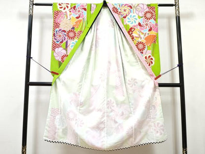 平和屋着物[]七五三　女の子　７歳　祝着　四つ身　襦袢(単衣)セット　檜扇飛鶴花文　金彩　洗える着物　DABG3387ma