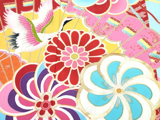 平和屋着物[]七五三　女の子　７歳　祝着　四つ身　襦袢(単衣)セット　檜扇飛鶴花文　金彩　洗える着物　DABG3387ma