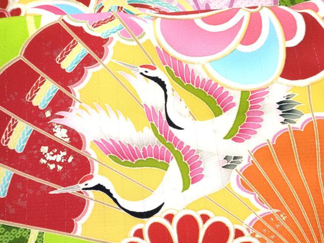 平和屋着物[]七五三　女の子　７歳　祝着　四つ身　襦袢(単衣)セット　檜扇飛鶴花文　金彩　洗える着物　DABG3387ma