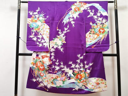 平和屋着物[]七五三　女の子　７歳　祝着　四つ身　長襦袢(無双仕立て)セット　檜扇鴛鴦花文　金彩　DABG3388ma