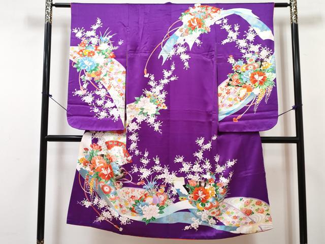 平和屋着物[]七五三　女の子　７歳　祝着　四つ身　長襦袢(無双仕立て)セット　檜扇鴛鴦花文　金彩　DABG3388ma