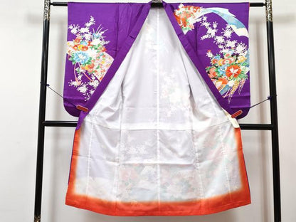 平和屋着物[]七五三　女の子　７歳　祝着　四つ身　長襦袢(無双仕立て)セット　檜扇鴛鴦花文　金彩　DABG3388ma