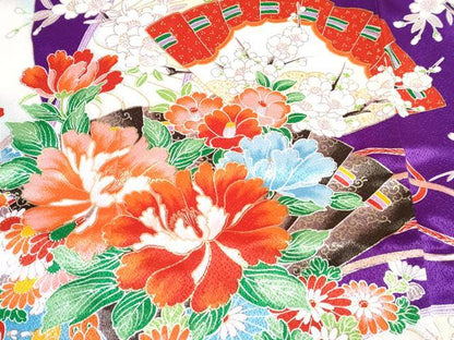 平和屋着物[]七五三　女の子　７歳　祝着　四つ身　長襦袢(無双仕立て)セット　檜扇鴛鴦花文　金彩　DABG3388ma