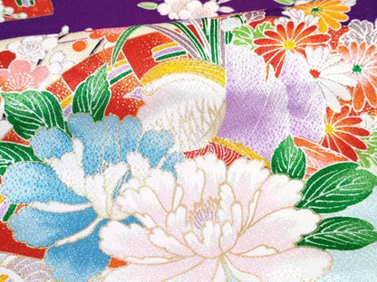 平和屋着物[]七五三　女の子　７歳　祝着　四つ身　長襦袢(無双仕立て)セット　檜扇鴛鴦花文　金彩　DABG3388ma
