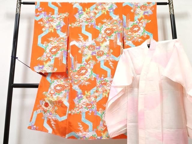 平和屋着物[]七五三　女の子　７歳　祝着　四つ身　長襦袢(単衣)セット　駒刺繍　扇面花文　DABG3389ma