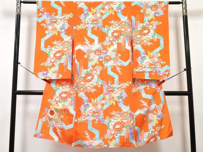 平和屋着物[]七五三　女の子　７歳　祝着　四つ身　長襦袢(単衣)セット　駒刺繍　扇面花文　DABG3389ma
