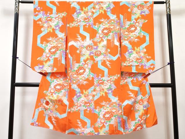 平和屋着物[]七五三　女の子　７歳　祝着　四つ身　長襦袢(単衣)セット　駒刺繍　扇面花文　DABG3389ma