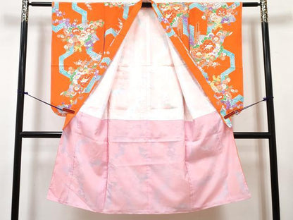 平和屋着物[]七五三　女の子　７歳　祝着　四つ身　長襦袢(単衣)セット　駒刺繍　扇面花文　DABG3389ma