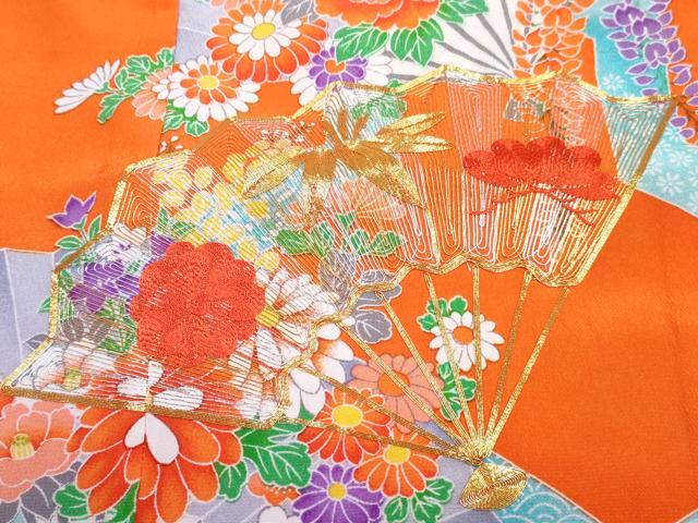 平和屋着物[]七五三　女の子　７歳　祝着　四つ身　長襦袢(単衣)セット　駒刺繍　扇面花文　DABG3389ma