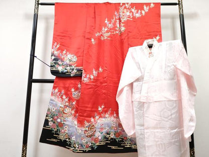 平和屋着物[]七五三　女の子　７歳　祝着　四つ身　襦袢(無双仕立て)セット　駒刺繍　舞蝶花鳥松文　暈し染め　金彩　逸品　DABG3390ma