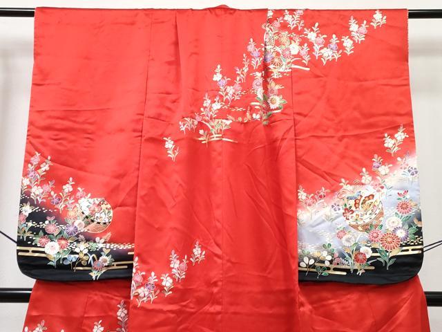 平和屋着物[]七五三　女の子　７歳　祝着　四つ身　襦袢(無双仕立て)セット　駒刺繍　舞蝶花鳥松文　暈し染め　金彩　逸品　DABG3390ma