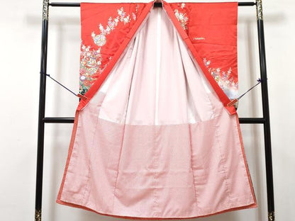 平和屋着物[]七五三　女の子　７歳　祝着　四つ身　襦袢(無双仕立て)セット　駒刺繍　舞蝶花鳥松文　暈し染め　金彩　逸品　DABG3390ma