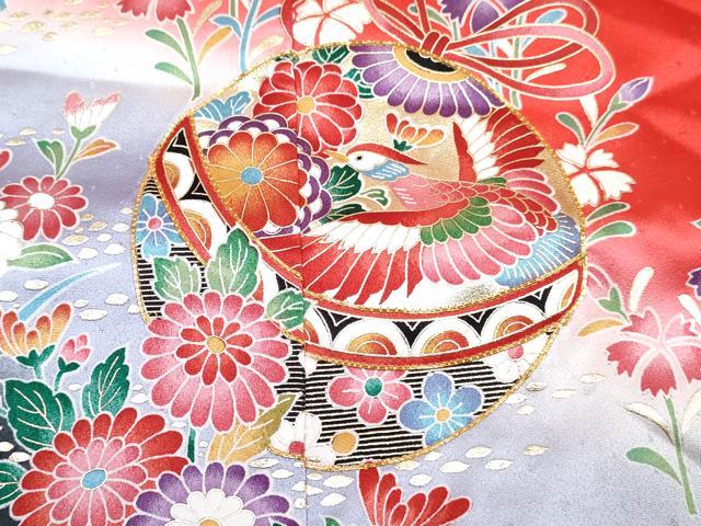 平和屋着物[]七五三　女の子　７歳　祝着　四つ身　襦袢(無双仕立て)セット　駒刺繍　舞蝶花鳥松文　暈し染め　金彩　逸品　DABG3390ma