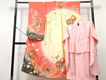 平和屋着物[]七五三　女の子　７歳　祝着　四つ身　襦袢(無双仕立て)セット　花蝶丸文　暈し染め　金彩　逸品　DABG3391ma