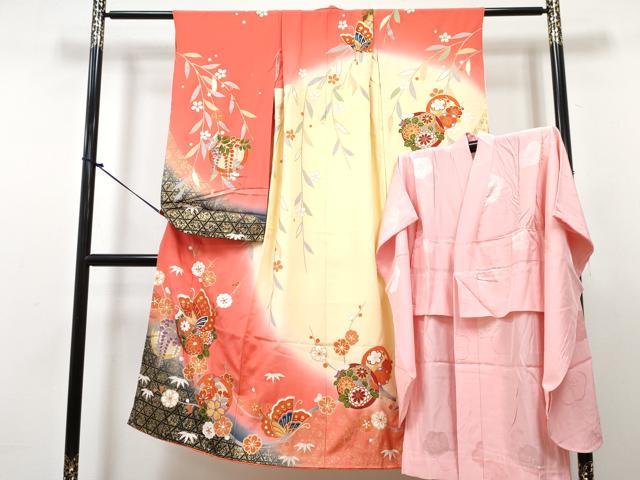 平和屋着物[]七五三　女の子　７歳　祝着　四つ身　襦袢(無双仕立て)セット　花蝶丸文　暈し染め　金彩　逸品　DABG3391ma