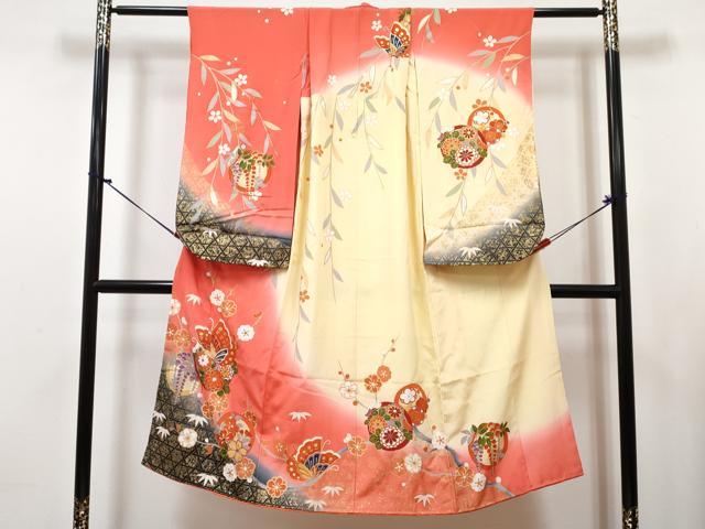 平和屋着物[]七五三　女の子　７歳　祝着　四つ身　襦袢(無双仕立て)セット　花蝶丸文　暈し染め　金彩　逸品　DABG3391ma