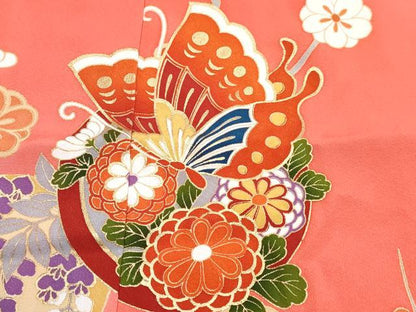 平和屋着物[]七五三　女の子　７歳　祝着　四つ身　襦袢(無双仕立て)セット　花蝶丸文　暈し染め　金彩　逸品　DABG3391ma