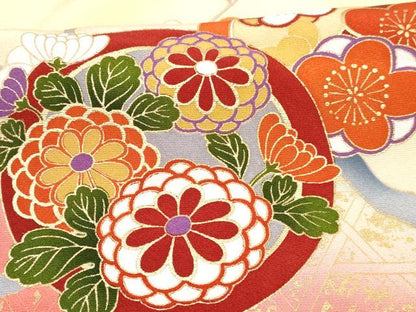 平和屋着物[]七五三　女の子　７歳　祝着　四つ身　襦袢(無双仕立て)セット　花蝶丸文　暈し染め　金彩　逸品　DABG3391ma
