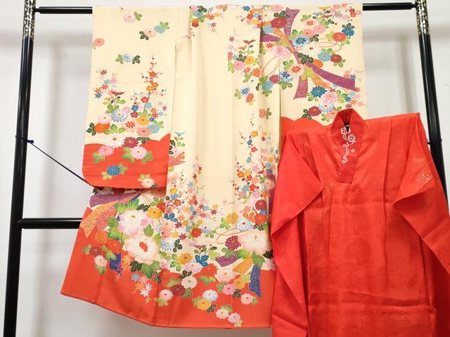 平和屋着物[]七五三　女の子　７歳　祝着　四つ身　長襦袢(単衣・半衿刺繍)セット　束ね熨斗花文　金彩　逸品　DABG3392ma